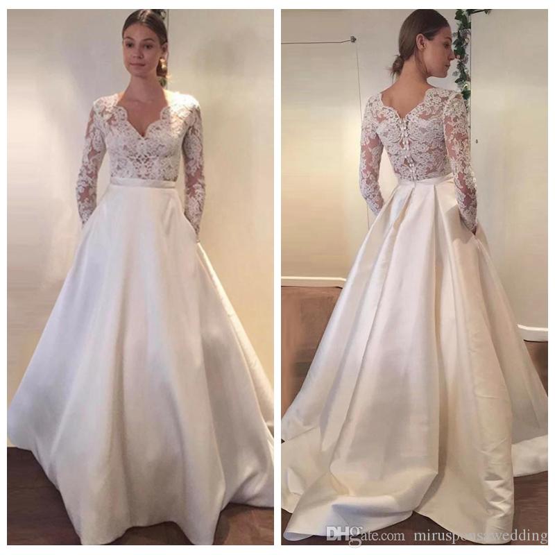 Lace Modest V-Neck Satin Dresses A-e Long Sleeves Sweep Train Covered Button Bridal Gowns Wedding Dress Vestidos