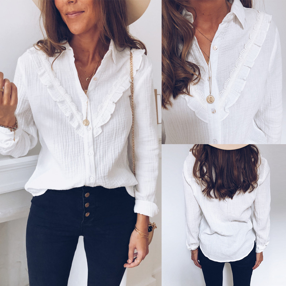 2019 Spring Summer Ruffles Blouse Women Ladies Casual Lace Polka Dot O Neck White Shirt Long Sleeve Tops Blusas Female#p2