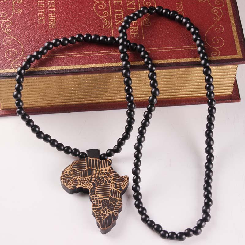 Wooden Map of Africa Pendant Necklaces Wood beads beaded chains For Women & Men Hip Hop Jewelry Gift