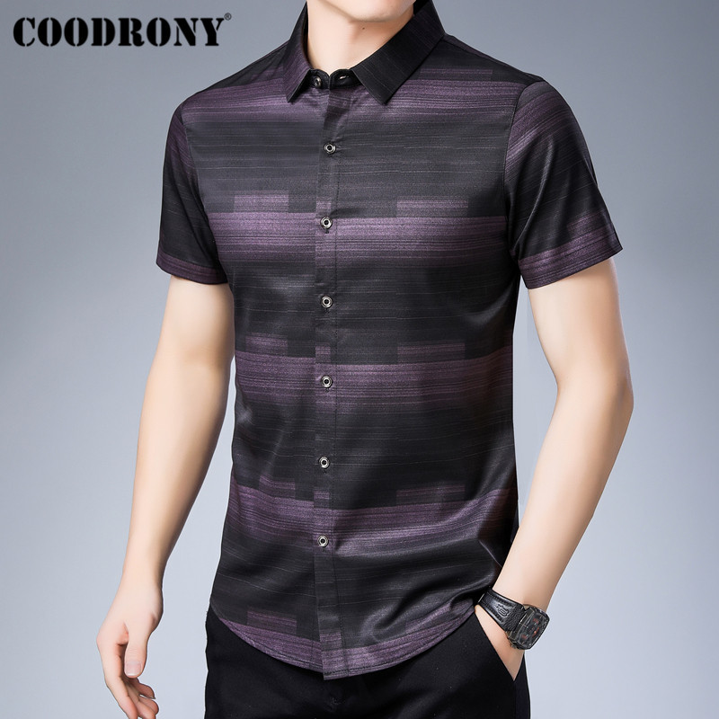 COODRONY Social Business Casual Shirts Camisa Masculina Summer Cool Short Sleeve Men Shirt Fashion Striped Shirt Men S96025