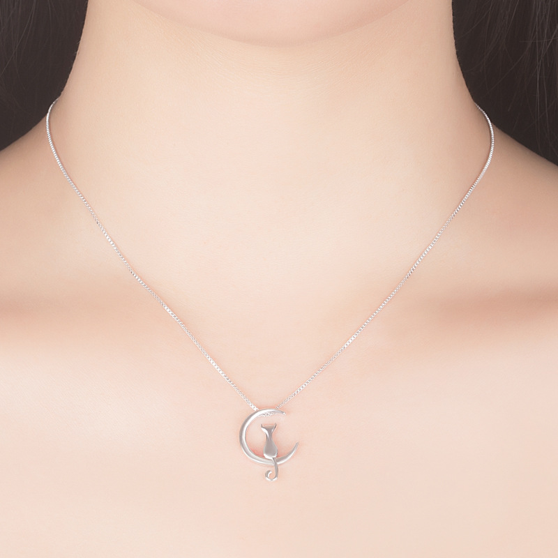 Vintage Moon Chain Lovely Cat Necklaces Pendant Charming Silver Chain Cat On The Moon Statement Necklace Trendy Animal Pet Jewelry