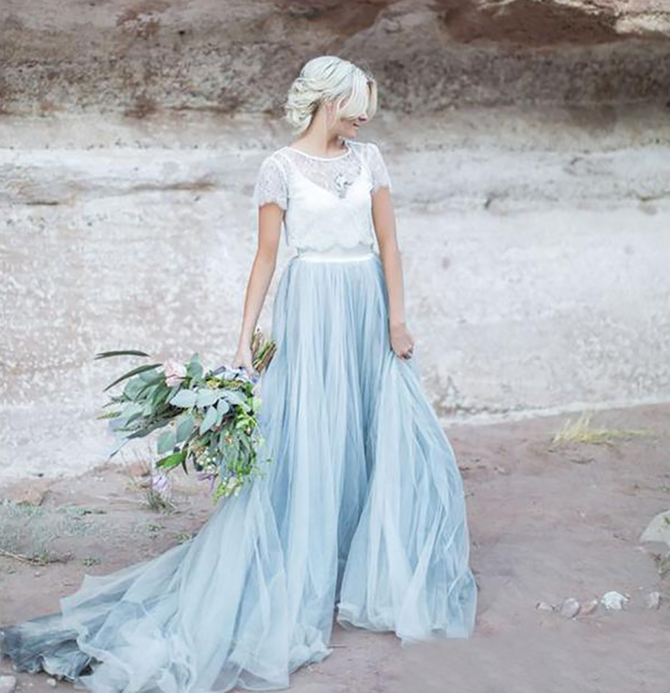 Free Shipping Modest Dusty Blue Tulle White Lace A-line Country Wedding Dresses New With Short Sleeve Ruched Long Bridal Gowns Custom Made