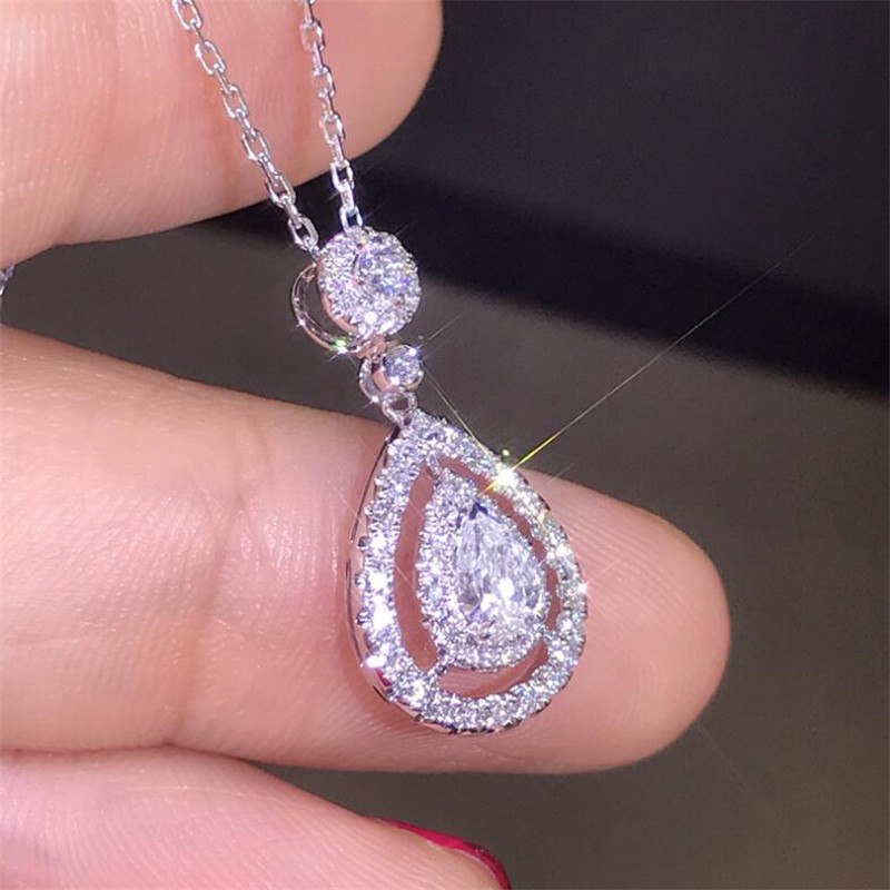 New Victoria Sparkling Luxury Jewelry 925 Sterling Silver&Rose Gold Fill Drop Water White Topaz Pear CZ Diamond Women Pendant Chain Necklace