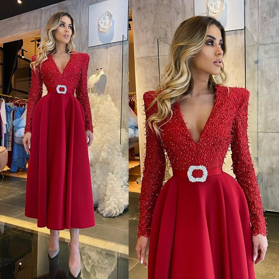 Red Prom Dresses With Belt V Neck Long Sleeve Ruffles Beads Appliques Formal Evening Dress African Party Pageant Gowns