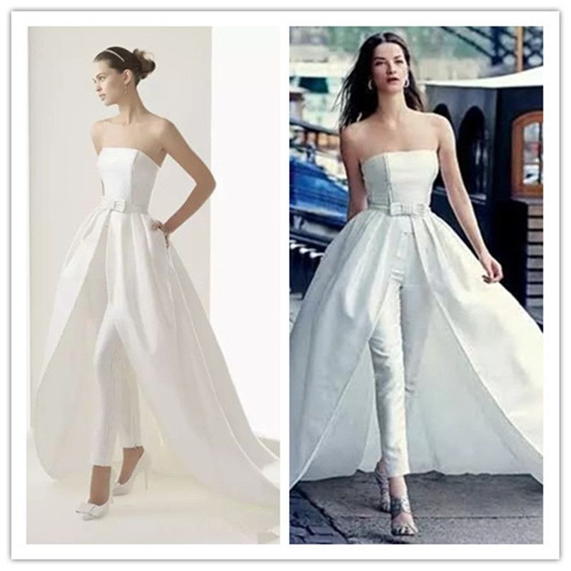 White Satin Jumpsuits Prom Dresses Strapless Formal Evening Gowns Jewel Floor Length Detachable Train Sleeveless Party Dress