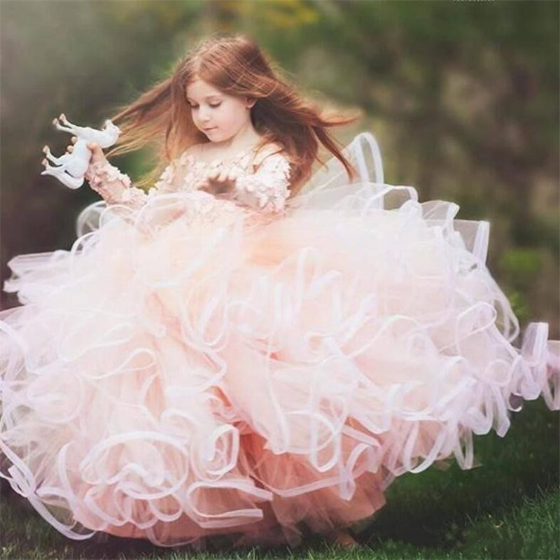 Cute Ballroom Flower Girl Dresses Jewel Neck 3D Floral Appliqued Girl Pageant Gowns Long Sleeves Ruffle Tiered Skirt Birthday Gowns