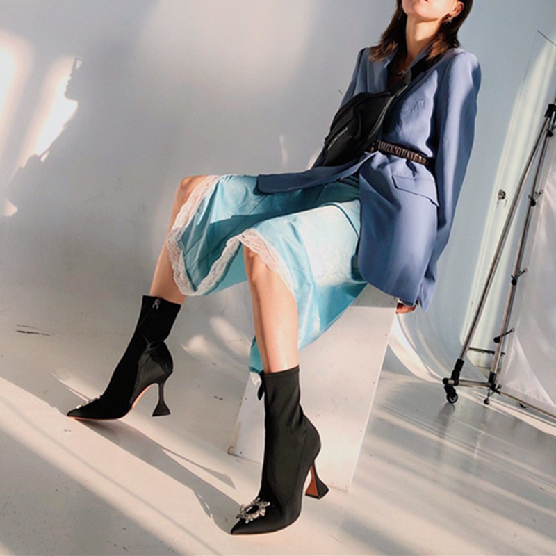 2019 Stretch Lycra Women Ankle boots Autumn Winter Comfortable triangle Heeled Office Lady Shoes High heels Sock Boots 3442 Y200114