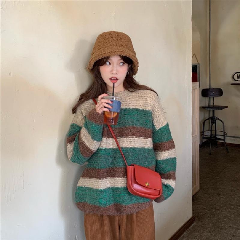 Women's fashion knitting pullover sweater Europe and America Striped sweater O-neck long sleeve Loose, Green
Women's fashion knitting pullover sweater Europe and America Striped sweater O-neck long sleeve Loose, Green