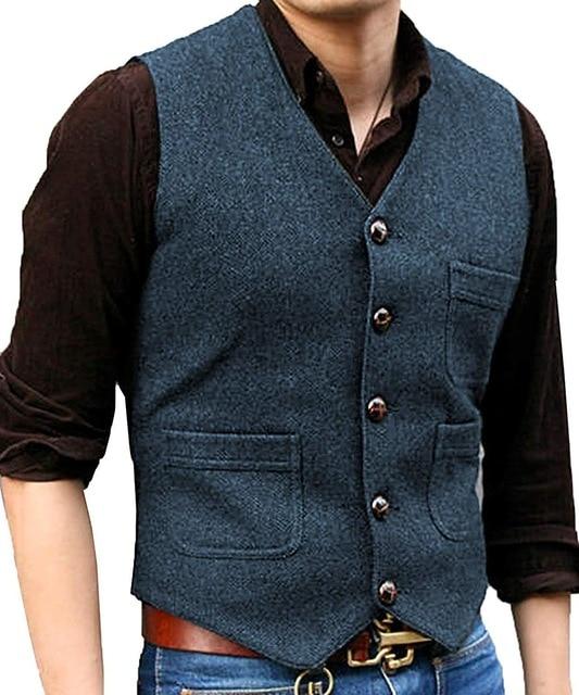 2023 Modest Dark Green Wedding Groom Vests Wool Herringbone Tweed Vests Groomsmen Vest Mens Suit Vest Prom Blazers Waistcoat Plus Size
