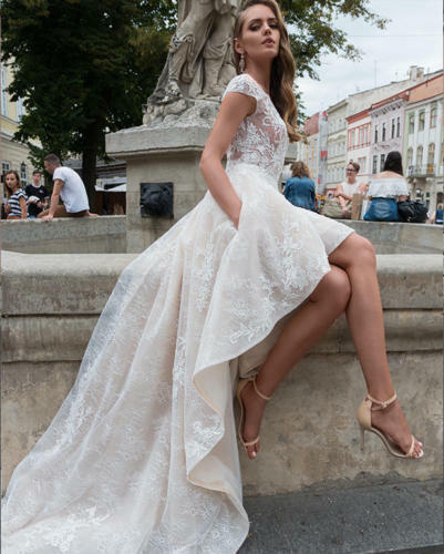 High Low Lace Backless Wedding Dresses Bridal Gown Scoop Neck Cap Sleeve Custom Made A-line Plus Size Country Appliques Beach Bridal Gowns