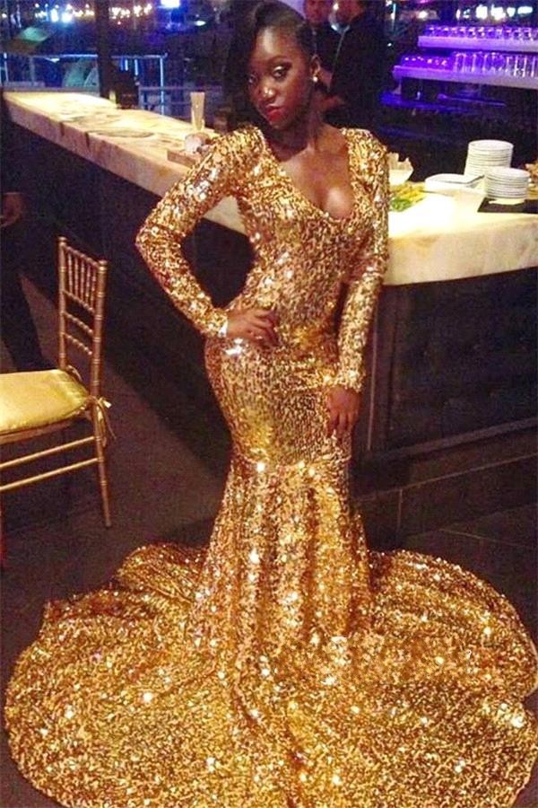 Sparkly Gold Sequins Prom Dresses 2019 African Mermaid Long Sleeves Black Girls Prom Dress Women Sexy Evening Party Gowns