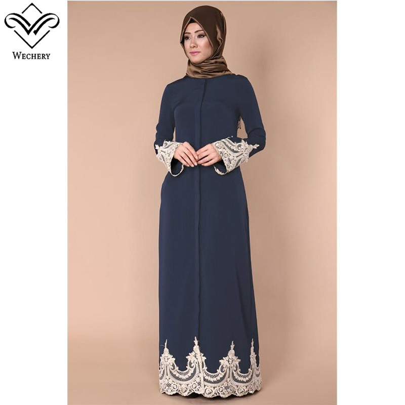 Wholesale-Wechery Lace Muslim Dress Floral Abayas for Women Elegant Long Soft Turkish Islamic Robes Women's Clothing Prayer Garments