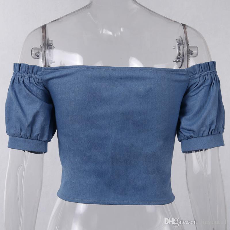 2020 Summer wild denim vest Lantern Sleeves word Shoulder sexy short jacket women's straps exposed navel T-shirt casual