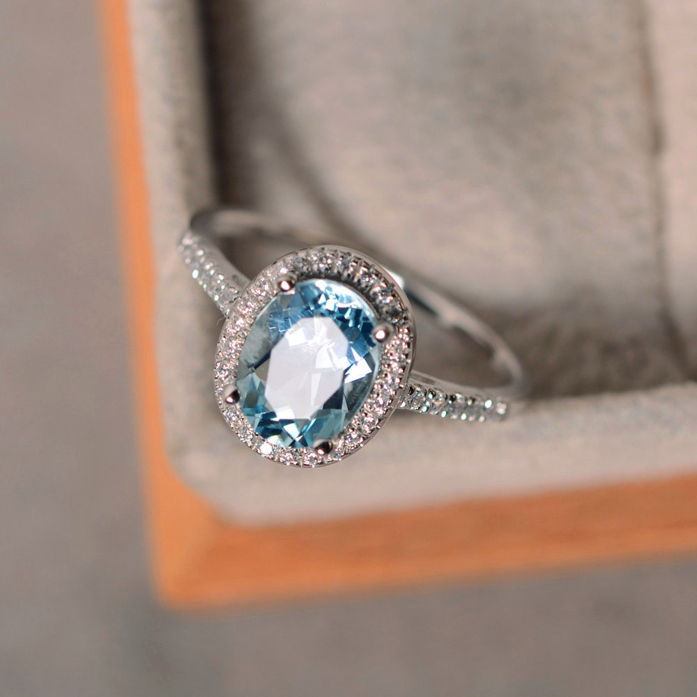 Female Natural Aquamarine Stone Ring 100% Real 925 Sterling Silver Wedding Rings For Women Promise Oval Engagement Ring