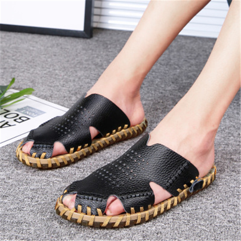 Hot Sale-2019 Genuine Leather Men Sandals Black Brown Sewing Beach Shoes Men Cool Summer Shoes Breathable Mens Leather Sandals size 38-44