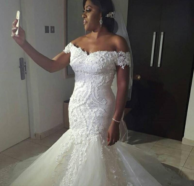 2019 Sexy Mermaid Plus Size Wedding Dress Off Shoulder Lace Appliques Bridal Gown Custom White Ivory Trumpet Vestidos De Noiva