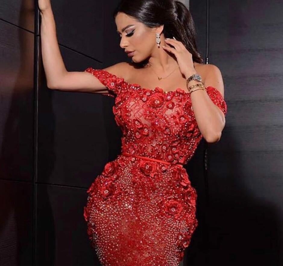 Arabic Red Mermaid Prom Dresses Off The Shoulder Lace 3D Floral Appliqued Beads Formal Party Dress Customized Sweep Train Evening Wears