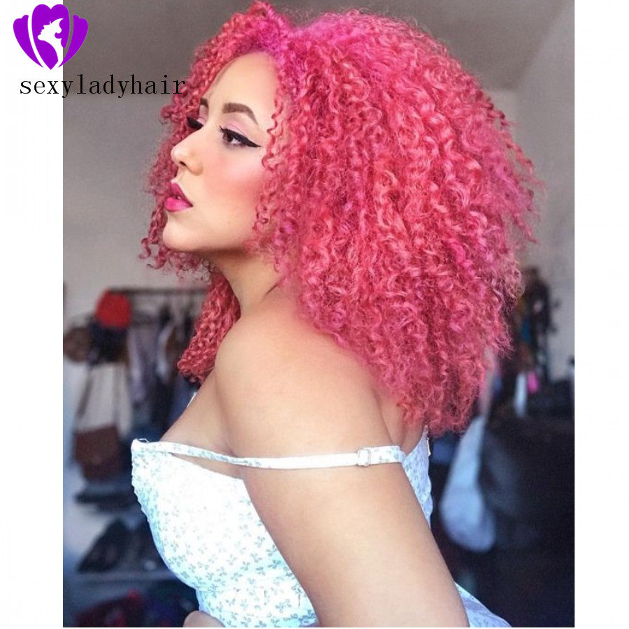 Cosplay Heat Resistant kinky curly Synthetic Lace Front Wig Free Parting 180% Density pink Wig African American Curly Wigs For Black Women