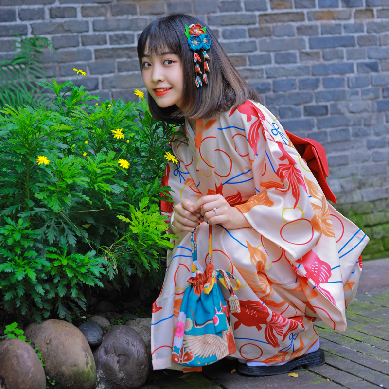Cherry beauty Japanese kimono women formal red goldfish handle modified Clothing Standard version traditional kimono Japan Girl