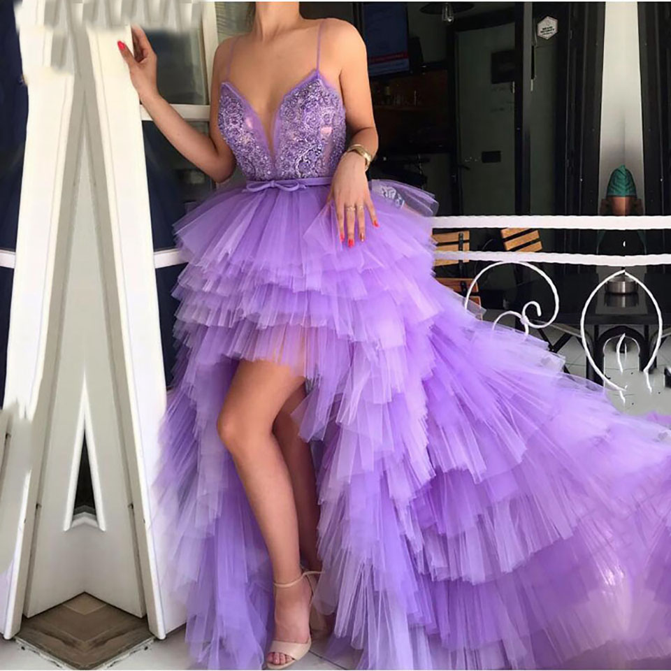 New Vestidos High Low Prom Dresses Sexy Spaghetti Strap Tiered Tulle Evening dress Vestidos largos de fiesta