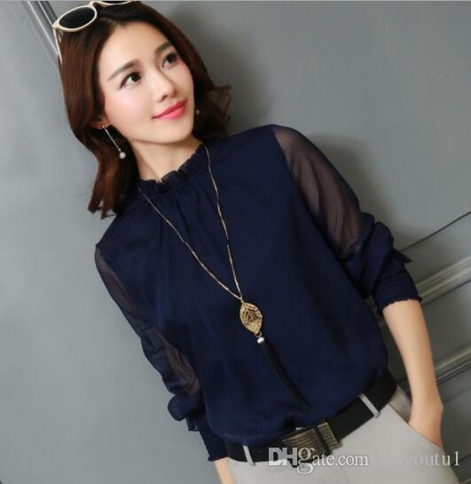 2020 Ladies Work shirt Lace Ruffle long Sleeve Loose Short Chiffon Blouse Shirts Women Fashion Long Sleeve Casual Blouses Tops