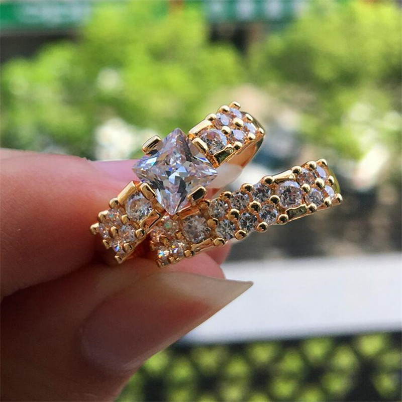Size 6-10 Luxury Jewelry 925 Sterling Silver Princess Cut Gold Color White Topaz CZ Diamond Eternity Women Wedding Couple Ring Set Gift
