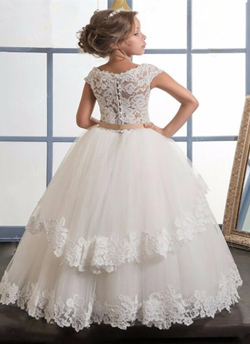 White Lace Flower Girls Dresses For Wedding Pleated Ruffles Girls First Communion Dresses Girls Special Occasion Dresses