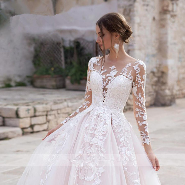 sexy scoop illusion long sleeve wedding dresses lace applique tulle bridal gowns chapel train zipper back wedding dress