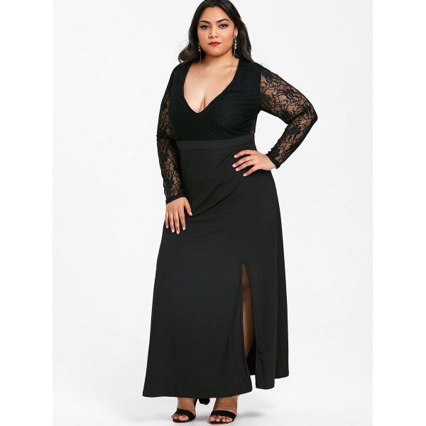 Plus Cheap Lace Size Long Sleeves Prom Dresses A Line Deep V Neck Evening Gown Ankle Length Chiffon Side Split Formal Dress nkle