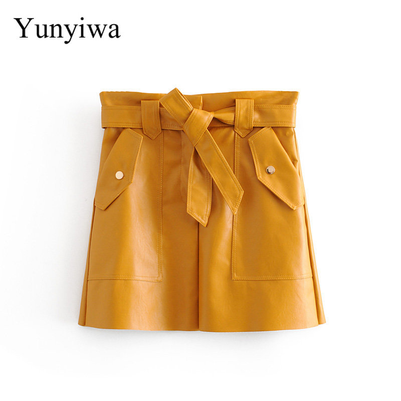 New Women Fashion Bow Tied Sashes PU Leather Yellow Skirt Faldas Mujer Ladies Pockets Ruffles Vestidos Casual Slim Skirts, As picture
New Women Fashion Bow Tied Sashes PU Leather Yellow Skirt Faldas Mujer Ladies Pockets Ruffles Vestidos Casual Slim Skirts, As picture