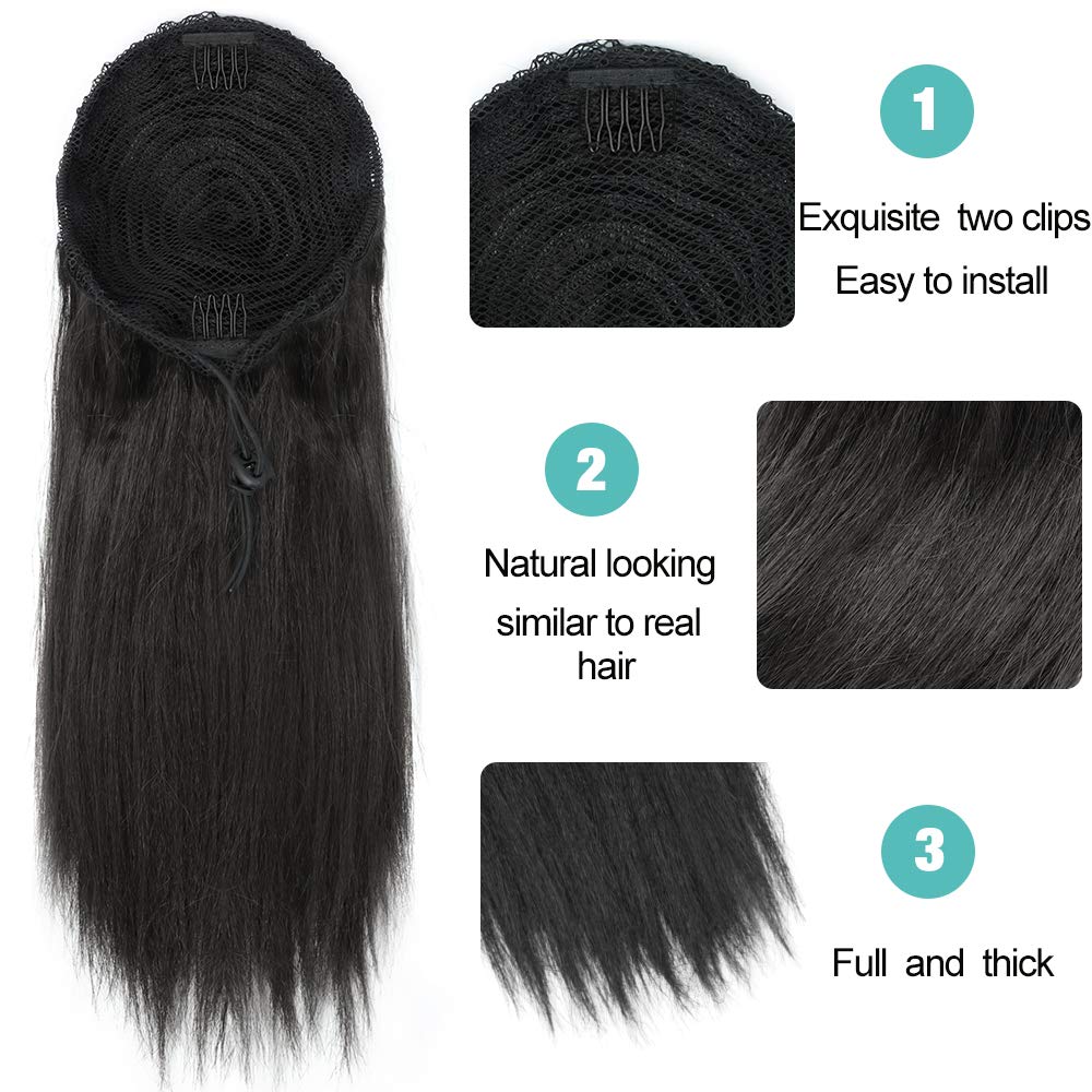 Coarse Yaki Ponytail 100% Human Hair Drawstring Ponytail With Clips In For Women Peruvian Virgin Kinky Straight Ponytail Hair Extension 140g