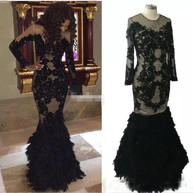 Luxury Black Feather Prom Dresses With Long Sleeves Sheer Arabic Evening Gowns Real Tulle Mermaid Formal Dresses Gowns Plus Size