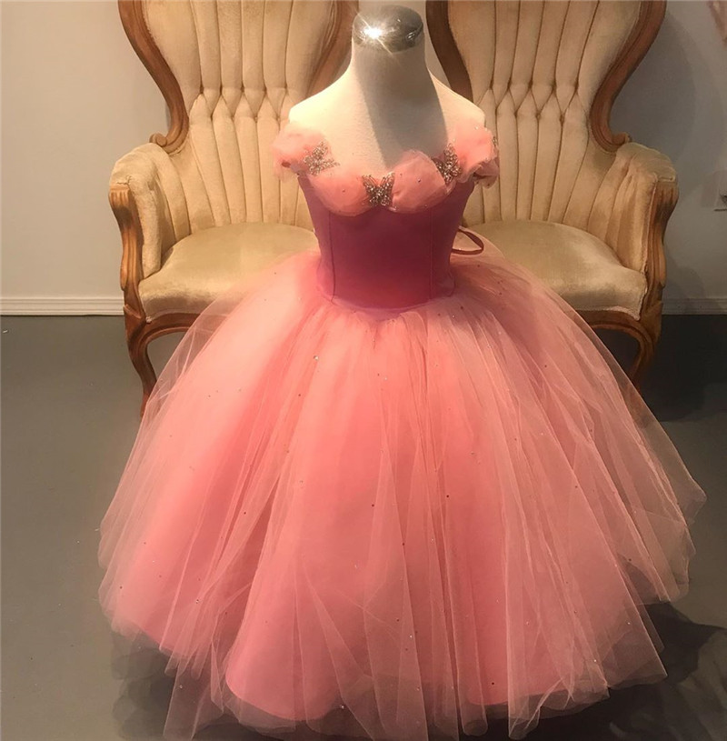 Princess Cinderella Pink Girls Pageant Dresses 2020 Ball Gown Crystals Off Shoulder Girls Birthday Prom Party Gowns For Toddlers Kids