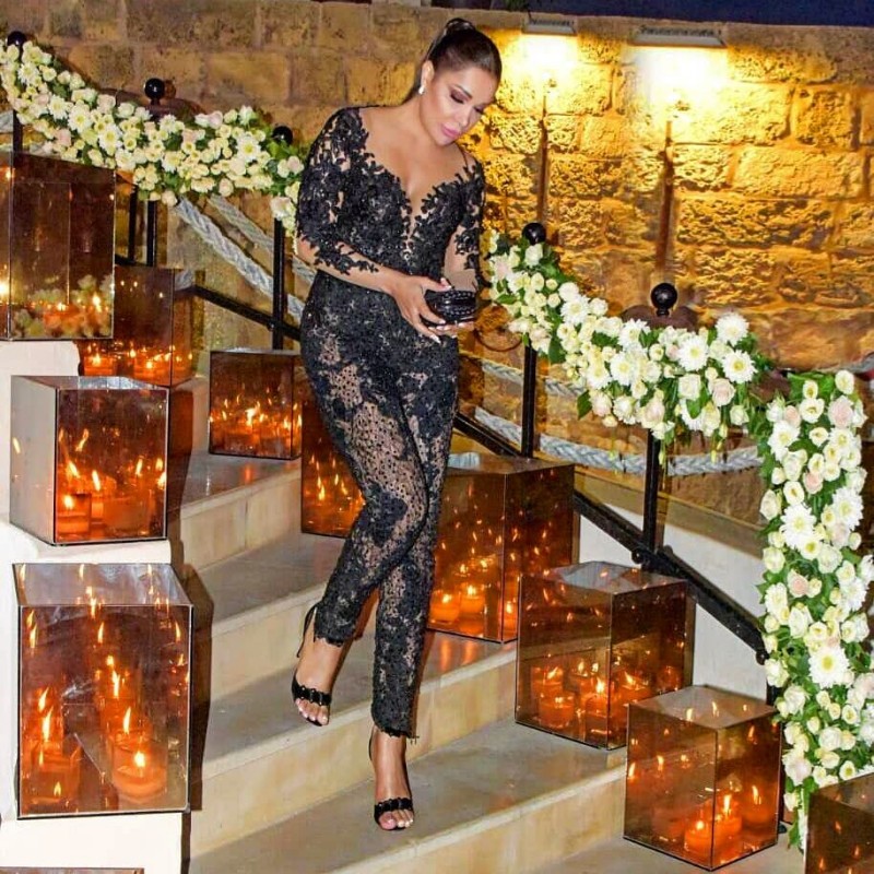2019 Plus Size Prom Dresses Black Long Sleeve Women Jumpsuits Sheer Lace Applique Beaded Evening Gowns Cocktail Party Dresses Custom Made