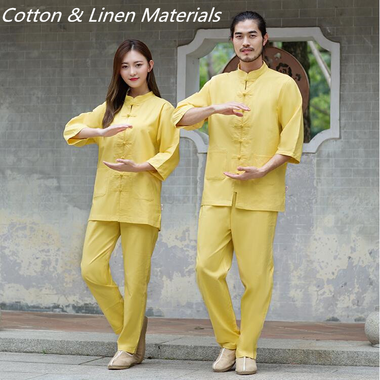 White Blue Yellow Yoga Suits Jacket + pants Unisex Cotton Linen Clothes Summer Kungfu Clothing Wushu Taiji Flax Half Sleeve Tracksuits