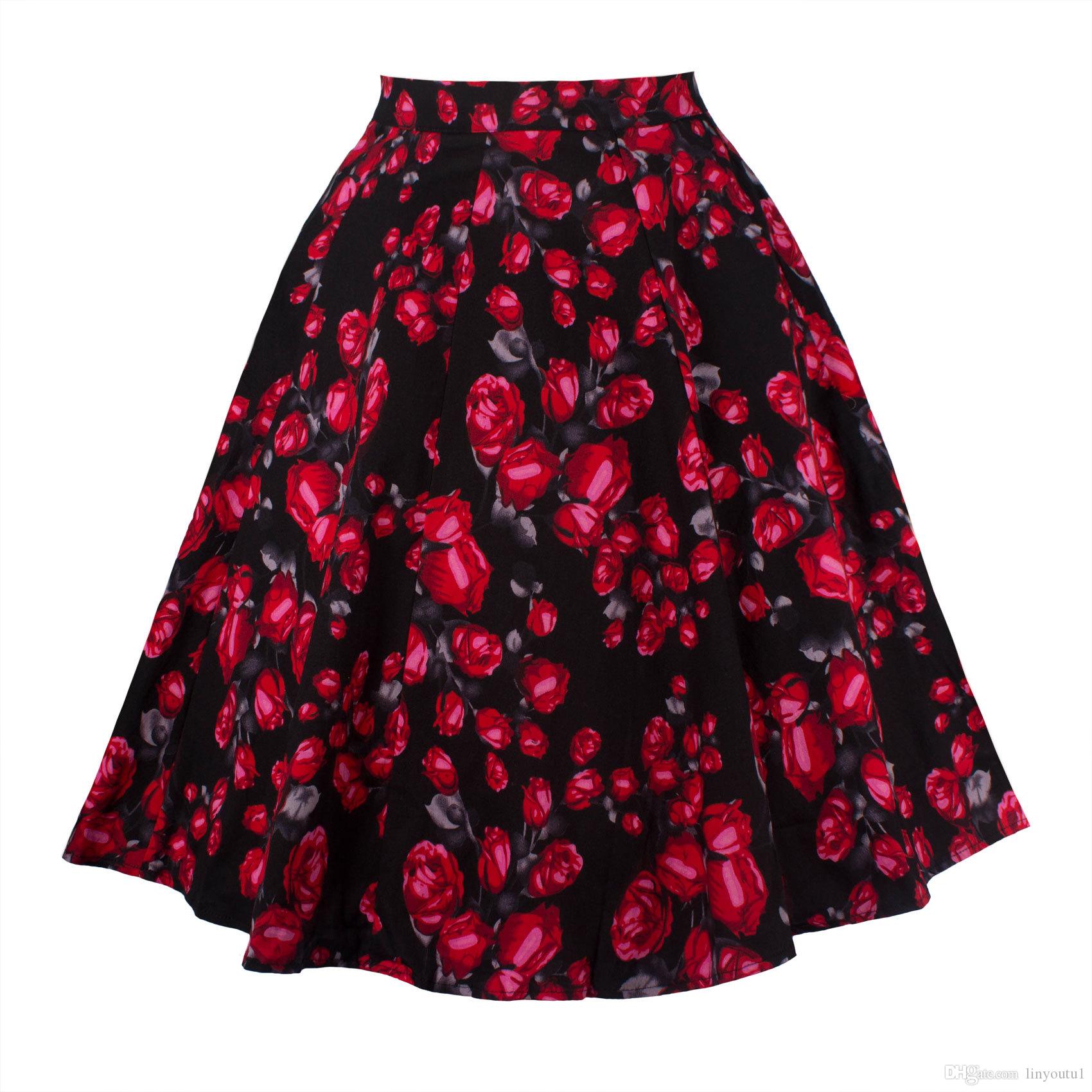 2020 Black Skirt Women High Waist Plus Size Floral Print Polka Dot Ladies Plaid Skirts Skater 50s Swing Vintage Skirts Womens