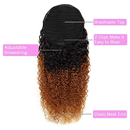 1B/30 Ombre Curly Wave Human Hair Ponytail Drawstring, 3C Remy Brazilian Virgin Hair Pony Tail, Afro Kinky Curly Hair piece clip in