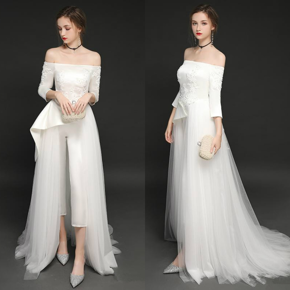 Off The Shoulder 2020 Jumpsuits Wedding Dress Lace Appliqued Beads Vestido De Noiva Boho Long Sleeve Pants Wedding Dresses Bridal Gowns