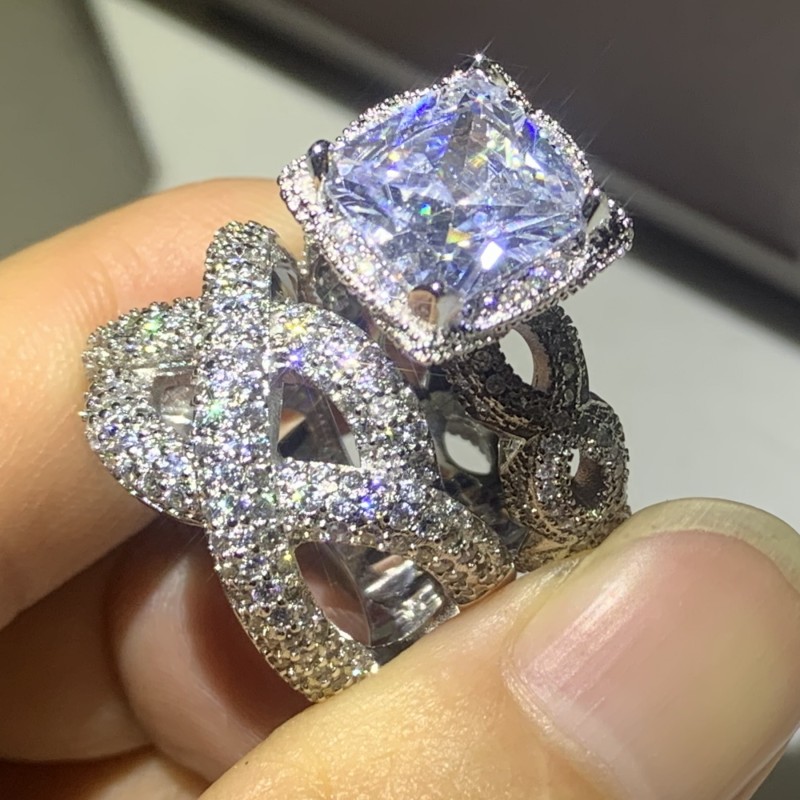 US Size 5-10 Hip Hop Vintage Fashion Jewelry 925 Sterling Silver Couple Rings Princess Cut White Topaz CZ Diamond Wedding Bridal Ring Set