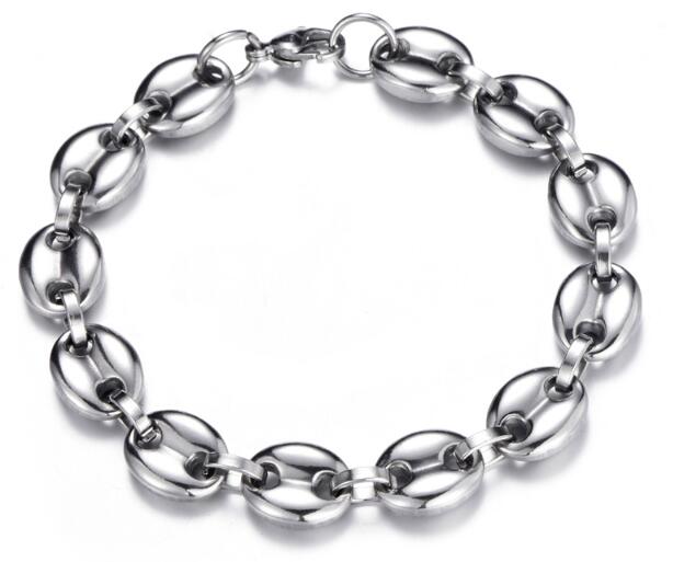 24''With 8.66'' Boys Men's Jewelry Set Necklaces Coffee Beans Chain Bracelets Set Stainless Steel 9mm Silver Link Chains Hiph