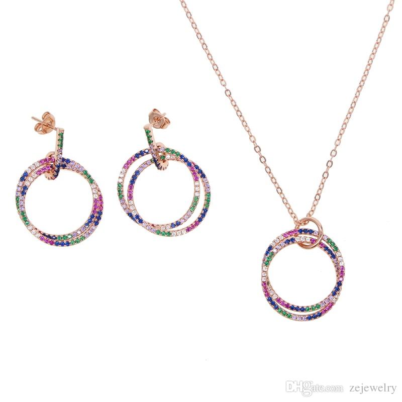 2019 Rose Gold color double round circle mix colorful CZ women classic jewelry top quality latest new design necklace earring setSuit