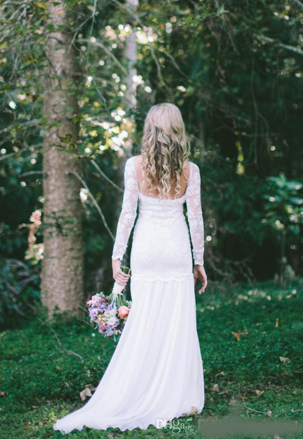 Simple Beach Wedding Dresses Summer Sheer Long Sleeves Bohemian Chiffon Lace Floor Length Mermaid Backless Bridal Gowns 2020