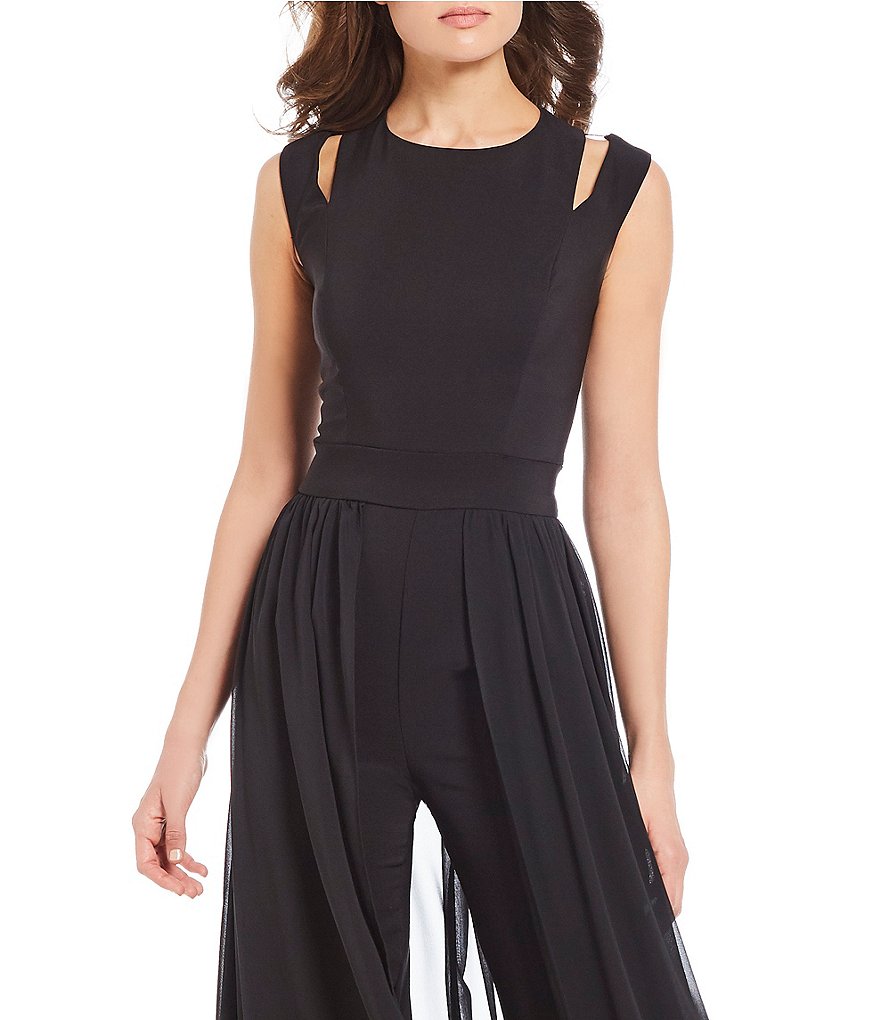 Black Women Jumpsuit With Long Train Floor Length Jewel Neck Satin Chiffon Evening Dress Cheap Formal Party Gowns Prom