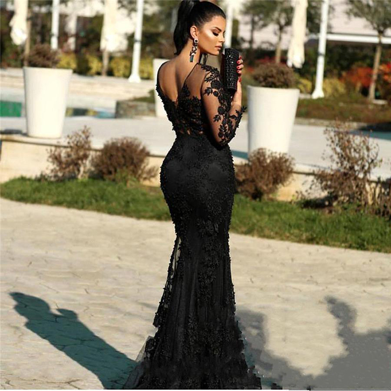 Vintage Long Sleeves Lace Mermaid Evening Dresses 2020 with Beads Appliques Sweep Train Formal Prom Party Gowns Prom Dresses Long