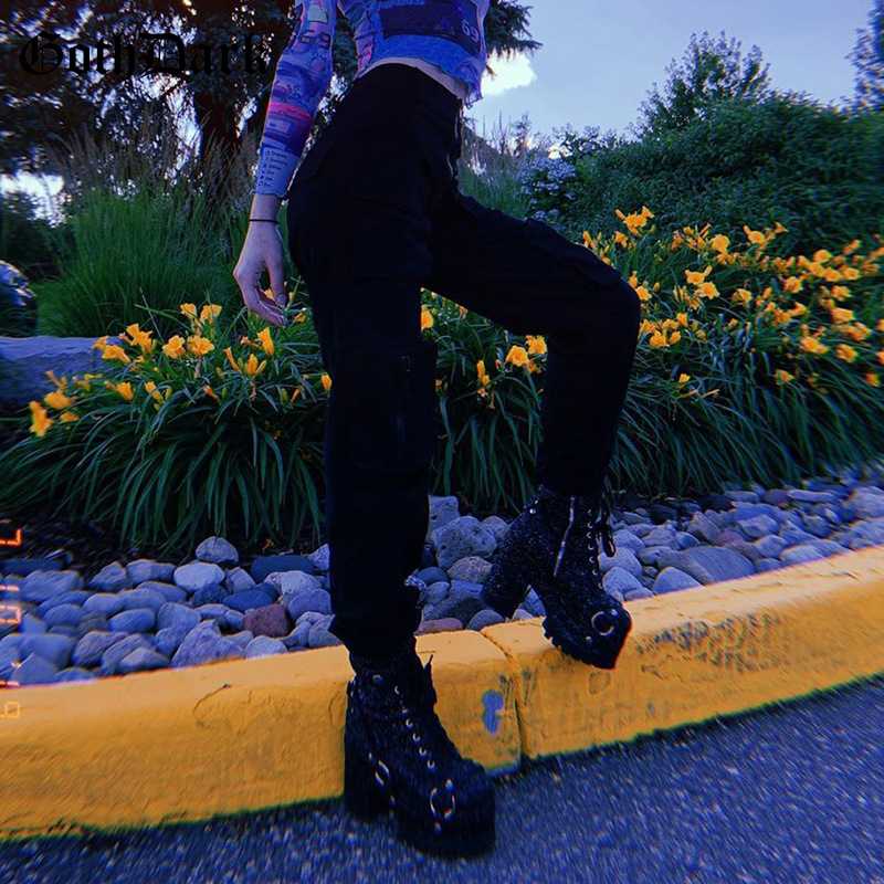 Goth Dark Black Pleated Grunge Gothic Pants For Women Harajuku Punk Patchwork Zipper Pockets Autumn 2019 Fashion Female Trousers