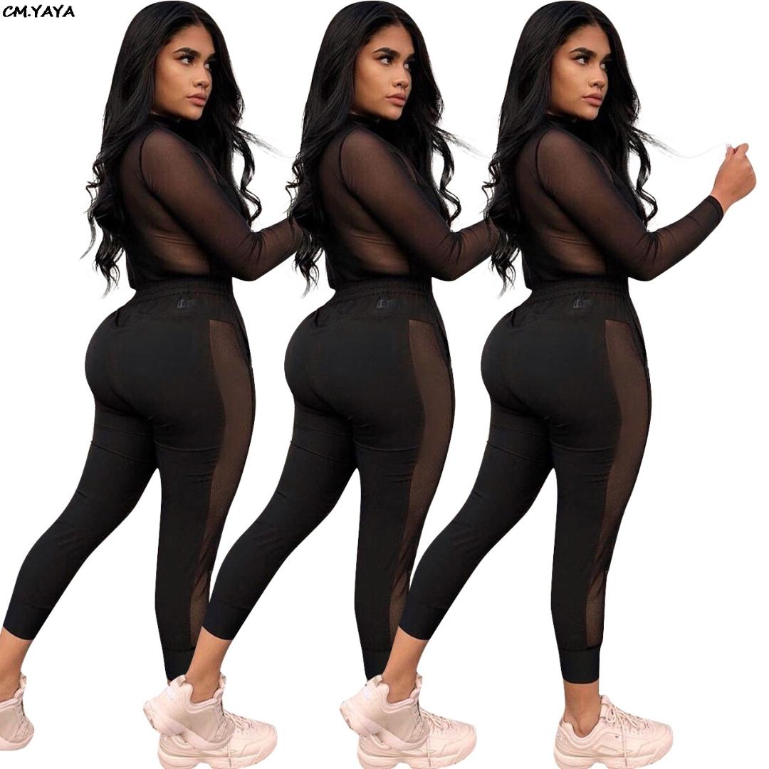2019 new women spring long sleeve mesh patchwork letter print pencil pants two piece set sporty tracksuit outfit overalls Y8035