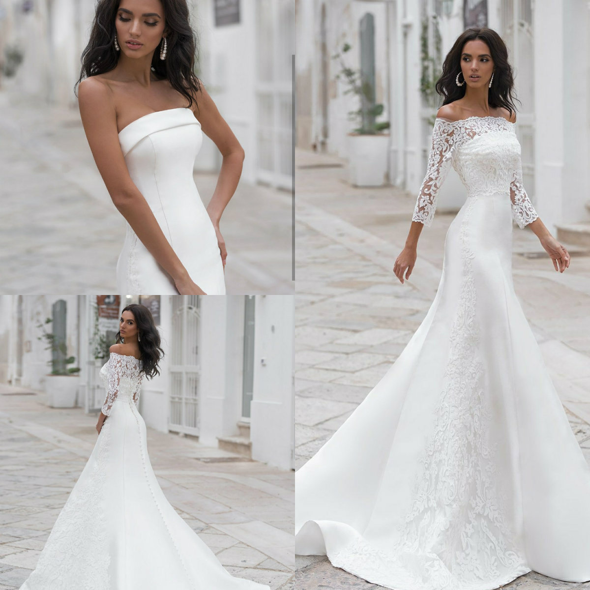strapless satin mermaid dresses bridal gowns lace appliqued beach wedding dress with jacket robes de marie
