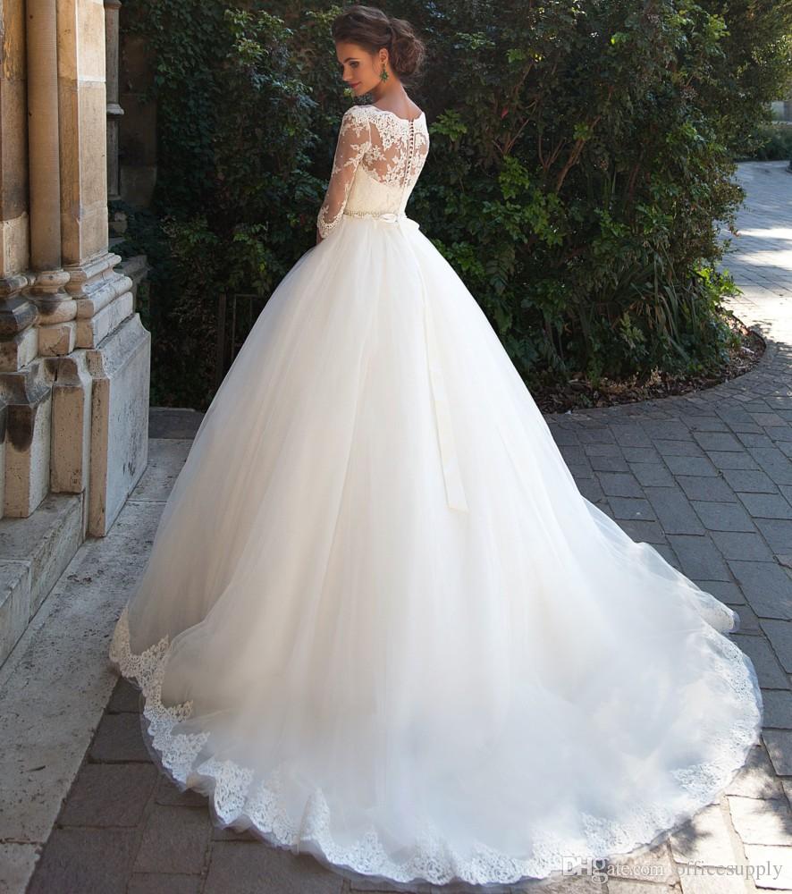 White Wedding Elegant Dresses Lace Bateau Neck A-Line Half Sleeves Button Back Pearls Belt Appliques Garden Bridal Gowns Robes De Soire