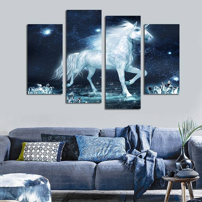 4pcs/set Unframed White Unicorn Horse Fantasy HD Print On Canvas Wall Art Picture For Home and Living Room Decor