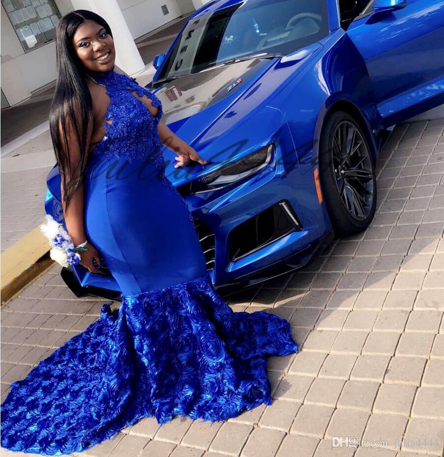 Royal Blue Prom Dresses New Sexy Sleeveless Mermaid African 3D Rose Floral Flowers Evening Gowns Sweep Train Halter Vestidos De Festa
